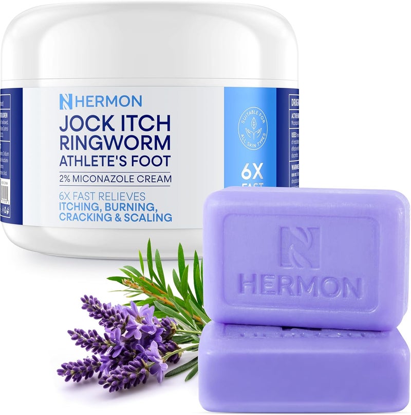 Hermon Clotrimazole Antifungal Treatment Cream & Soap Kit: Antifungal Cream for Athletes Foot, Jock Itch, Ringworm with Anti Fungal Soap - Relieves Itching Burning Cracking - 57g Tube / 113g Bar - Image 1